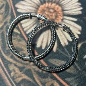 925 Sterling Silver Crystal Hoop Earrings - Black Rhinestones